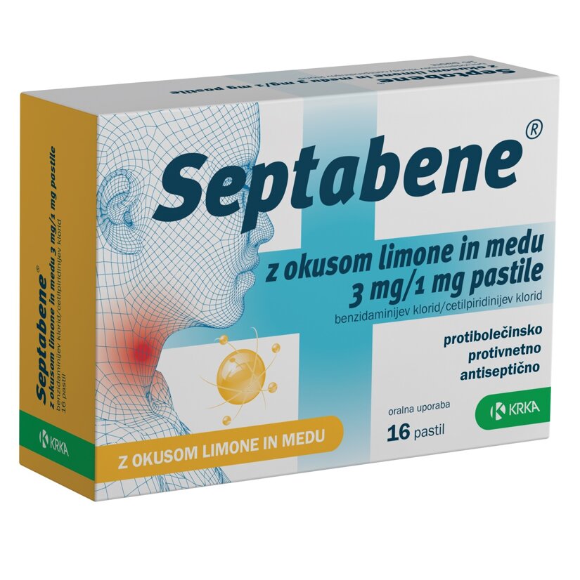 Septabene, pastile z okusom limone in medu, 16 pastil