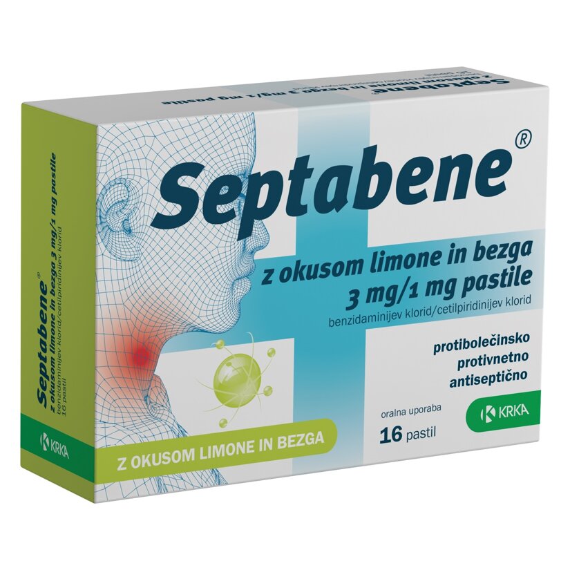 Septabene, pastile z okusom limone in bezga, 16 pastil